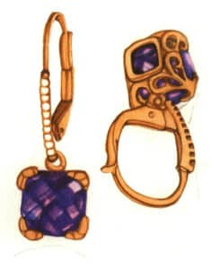 Шаг 07 Намочите область драгоценного камня. Смешайте розовое маддер и фиолетовый, чтобы нанести базовый слой аметиста. После легкого высыхания добавьте сапфировый синий, чтобы обозначить тени и усилить хроматическую сложность, подчеркнув граненые эффекты.