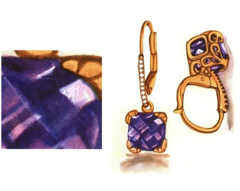 Шаг 08 Нарисуйте отбрасываемую серьгой тень. Выделите отражения и блеск белым пигментом. Отрегулируйте и доведите работу до конца.