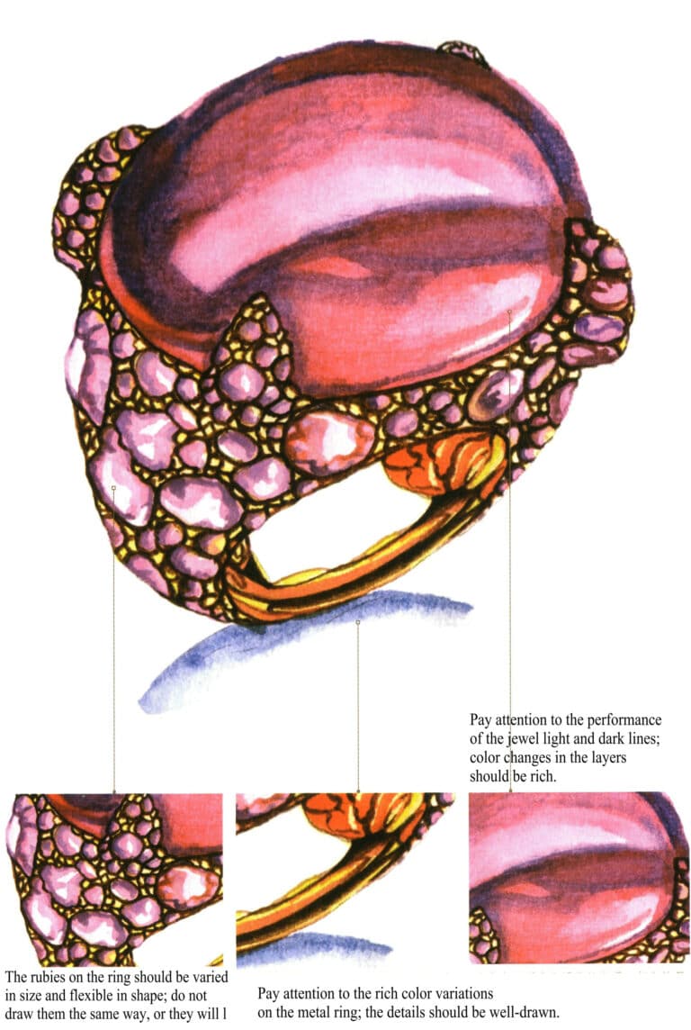 (1) Обратите внимание на изображение драгоценного камня'на его прозрачность. (2) Маленькие драгоценные камни на кольце должны выделяться.