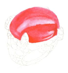 Шаг 05 Смочите гранатом область на основной части кольца. Смешайте вермилион с фиолетовым, чтобы закрасить основной цвет драгоценного камня, оставив выделенные участки.