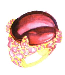 Шаг 07 Разбавьте розовое маддер с водой, чтобы нанести базовый слой рубина на кольцо. Используйте лимонно-желтый для слабого базового слоя на металлических деталях, оставляя намеренные зазоры для воздухопроницаемости.