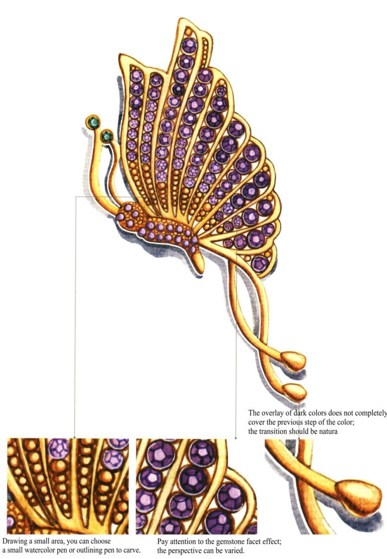 (1) Темные участки обычно изображаются с помощью более глубоких оттенков той же цветовой системы. (2) Темная сторона, светлая сторона и светлые части драгоценного камня должны быть выделены, чтобы подчеркнуть ощущение объема. (3) В зависимости от источника света брошь "Бабочка" будет отличаться по яркости цвета.