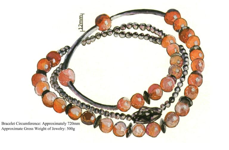 Диаметр одной бусины из розового кристалла составляет 12 мм. В браслете используется 32 розовых кристалла, 75 круглых серебряных бусин и 13 овальных серебряных бусин, а его окружность составляет около 720 мм.