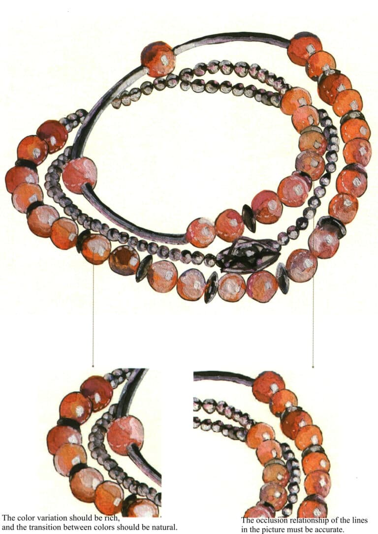 (1) Браслет сложен по кругу, и при рисовании важно уловить ощущение наслоения между верхней и нижней частями. (2) При рисовании металлических бусин необходимо передать окружающий цвет и текстуру сильных отражений, усиливая ощущение пространства на картине за счет отражающих частей цепочки. (3) Направление источника света в общей картине должно быть единым, и следует уделить внимание распределению мест освещения.