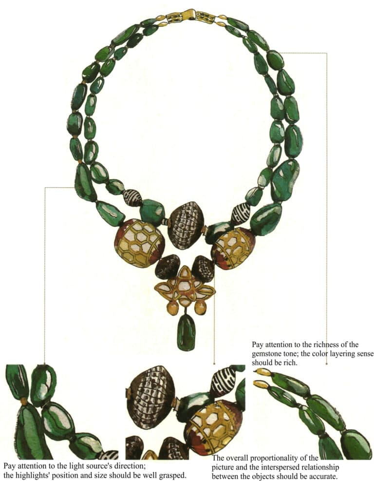 (1) Pay attention to the shape characteristics of the gemstone and the direction of the necklace's outer contour. (2) The color tone of the picture should be harmonious and unified.