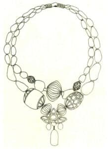 Step 03 Define the beaded chains and pendant with smooth lines. Draw oval-shaped beads and pendant textures. Use a 0.2mm technical pen to finalize line art and erase pencil lines.