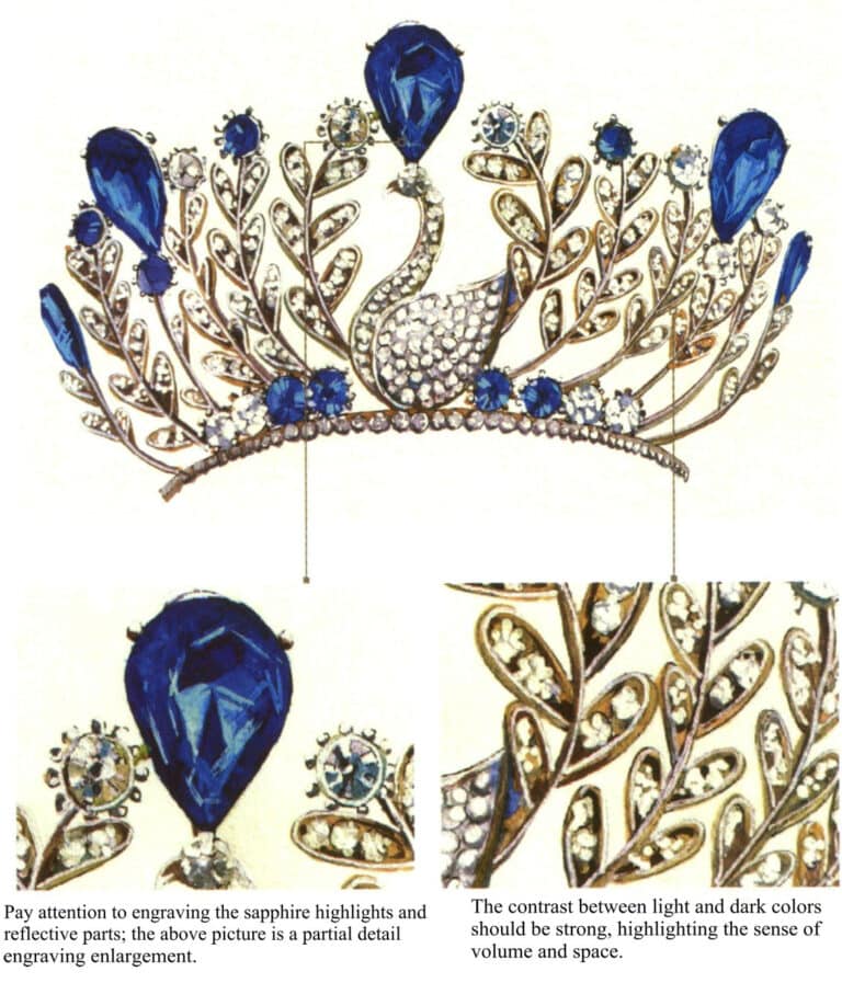 (1) When drawing white diamonds, it is necessary to appropriately add some ambient colors to enrich the picture's colors and reflect the diamond's reflective properties. Be careful not to reserving all whites. (2) The color of metallic materials should include reflective colors; do not use a single color for flat painting, as it will appear stiff. (3) When composing, attention should be paid to the symmetry of the crown shape.