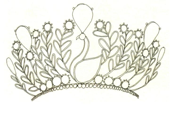 Step 05 Finalize the tiara’s outline with a 0.2mm technical pen. Erase pencil lines with a soft eraser.