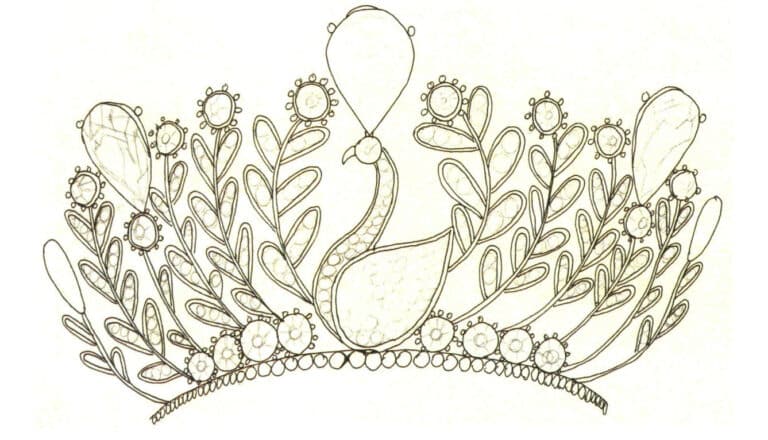 Step 06 Draw facets of teardrop gemstones and outline small diamonds on branches and swans with a pencil.