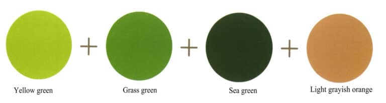 Yellow green + Grass green + Sea green + Light grayish orange