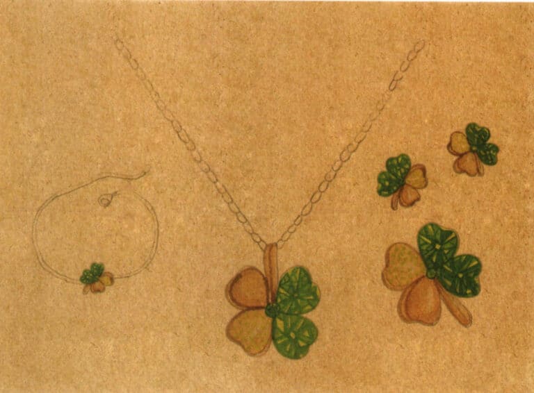 Step 09 Use a small watercolor brush with burnt umber to define metallic leaf shadows and thickness. Dot small diamonds’ base color with medium yellow and sap green.