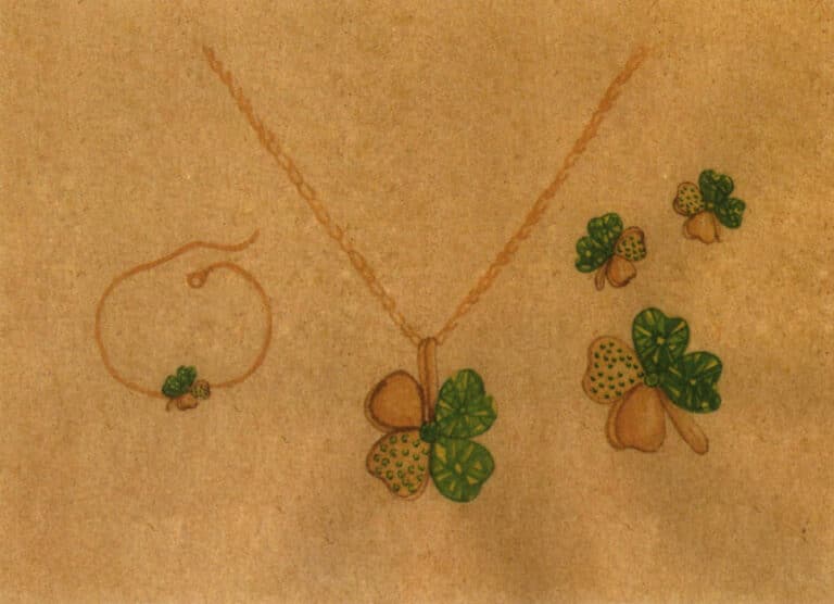 Step 10 Apply yellow ochre to necklace/bracelet chains. Accent small diamonds’ shadows with emerald green.