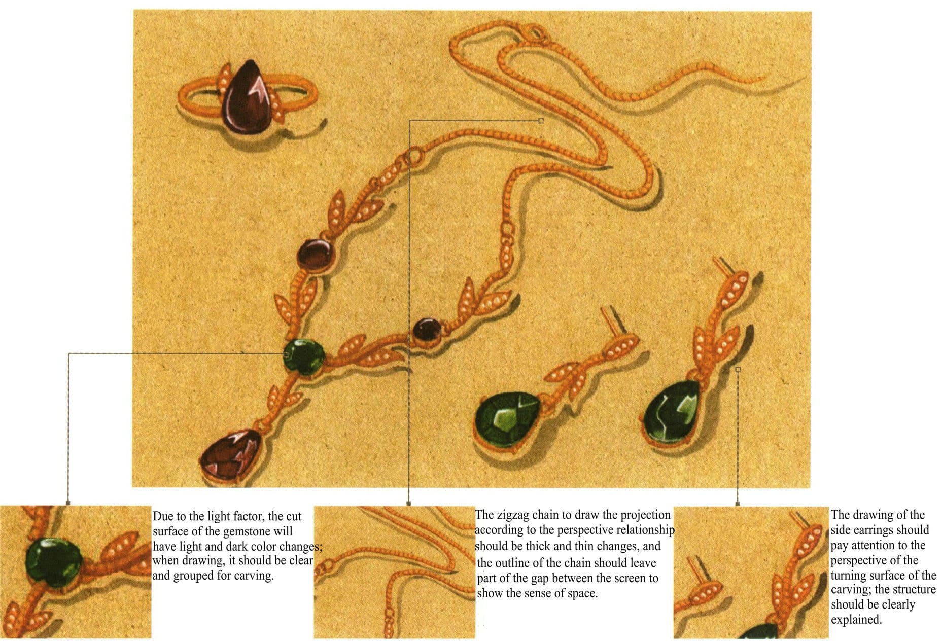 (1) Carefully observe and analyze the shape of the gemstone facets, the internal structure, and the relationship between light and shadow. (2) Pay attention to grasp the external characteristics of jewelry, and the perspective relationship must be accurate. (3) The direction of the leaves used on earrings and rings should vary; it should not be too uniform or similar. Otherwise, it will appear stiff.