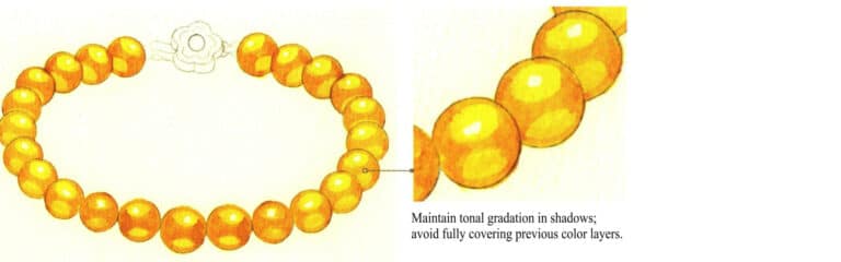 Step 05 Add yellow ochre to the pearls' shadow areas to enhance volume and spatial depth.