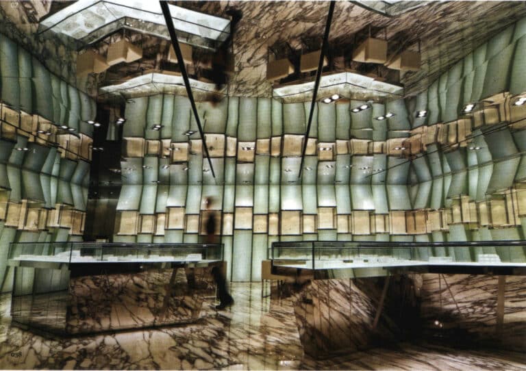 Figure 6-16 Using bright white striped marble cabinets paired with white marble flooring to create a subtle tone for the space.