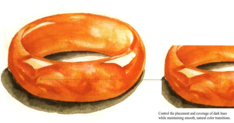 Step 07 Paint the cast shadow using ivory black and raw umber, ensuring light-dark variation in the shadow’s coloration.