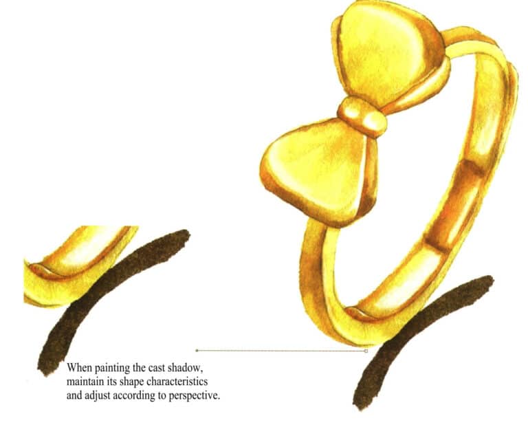 Step 09 Paint the gold ring’s cast shadow with Ivory Black and Yellow Ochre. Use white pigment to define highlights and reflections, completing the artwork.