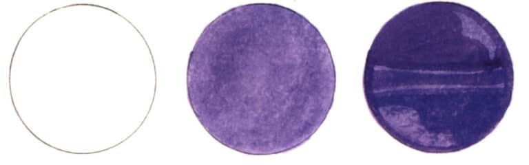 Step 01 Use a circular template ruler to draw a moderately sized circle. Step 02 Apply violet as the base layer for the glass material. Coat the paper with water first to ensure even and natural color distribution. Step 03 Once the surface is slightly dry, mix violet with magenta to paint the shadows, reserving the illuminated areas without full coverage. Step 04 Enrich color variation by adding more violet and a small amount of ultramarine to the shadows.