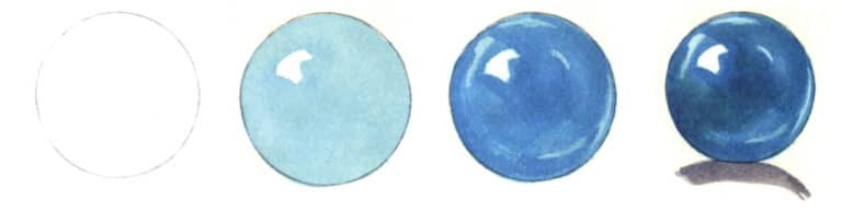 Step 01 Use a circular template ruler to draw a moderately sized circle. Step 02 Apply cerulean blue as the base layer to the turquoise, reserving highlight areas. Step 03 Once slightly dry, mix cerulean blue with phthalocyanine blue to paint the turquoise’s local color, using a more saturated tone. Step 04 Add ultramarine to deepen shadows. Paint the turquoise’s cast shadow with Payne’s grey. Highlight the overall composition with white pigment to complete the artwork.