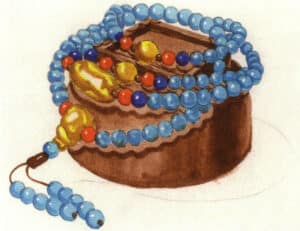 Step 07 Apply burnt umber as the jewelry box’s base layer. Use raw umber to paint its shadows and the bracelet’s cast shadow on the box, emphasizing volume and spatial depth.