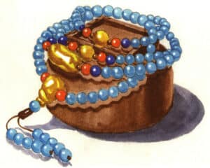 Step 08 Paint ground cast shadows for both the box and bracelet with Payne’s grey. Finalize highlights and reflections using white pigment, then adjust the entire composition to complete.