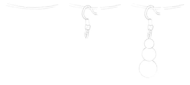 Step 01 Sketch the outline of a thin string with loose, casual lines. Step 02 Accurately draw the contour of an earring hook on the left side of the string with a pencil, maintaining proper overlapping and perspective relationships. Step 03 Use a circular template ruler to draw three circles of varying sizes to finalize the earring’s shape.