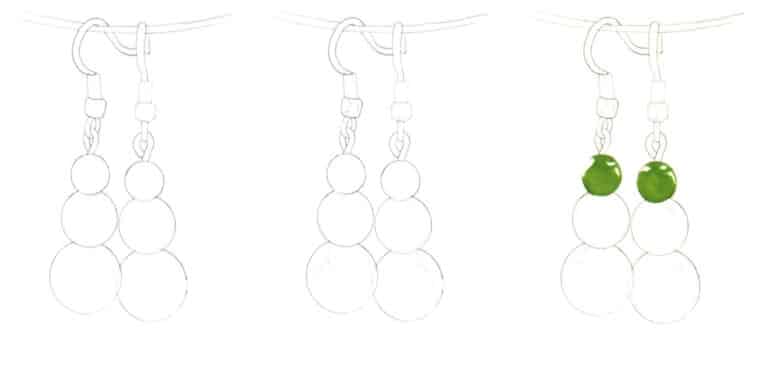Step 04 Repeat the method to sketch another earring from a different perspective on the right side of the string, solidifying the composition. Step 05 Outline the earrings’ light-dark boundary lines and highlighted areas with relaxed lines to complete the line art. Step 06 Mix Permanent Light Green with Lemon Yellow to apply a base layer to the smallest garnet bead.