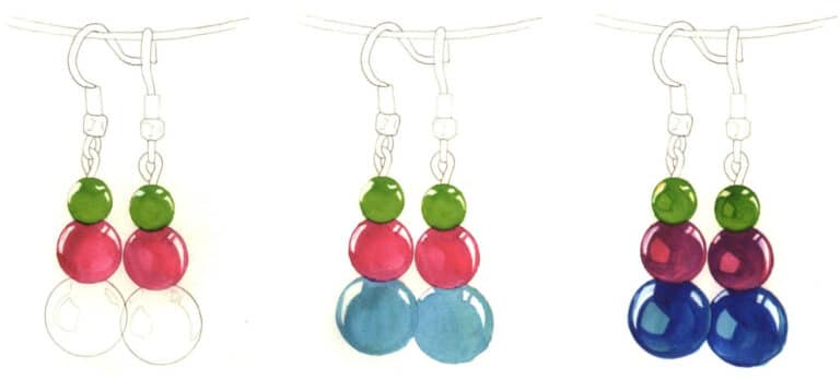 Step 07 Blend Rose Madder with magenta to paint the base layer for the middle garnet bead. Step 08 Apply Cerulean Blue evenly as the base layer for the largest bottom garnet bead. Step 09 Once slightly dry, use Sap Green, Violet, and Sapphire Blue to define the garnets’ shadows, intensifying light-dark contrast.