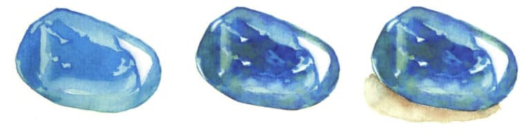 Step 04 Mix darker cerulean blue with phthalocyanine blue to paint the crystal’s local color. Blend edges with clean water. Step 05 Blend ultramarine, violet, and emerald green to define shadows and highlights, showcasing the crystal’s chromatic complexity while avoiding excessive saturation. Step 06 Mix diluted ivory black with cerulean blue to paint the cast shadow, finalizing the artwork.