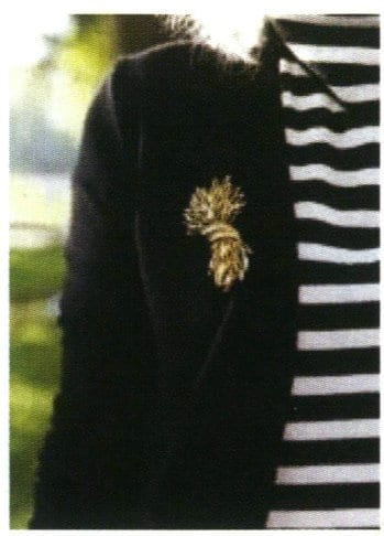 K gold brooch paired with black suits.