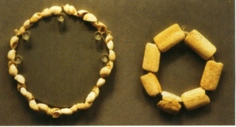 Shell and bone tube bracelets