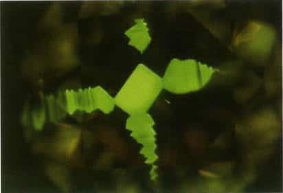 Figure 3-14 Fluorescence and mottled geometric banding of HPHT under Diamond ViewTM