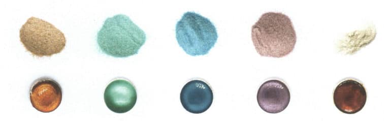 Figure 1–11 Enamel powder in various colours and fired results